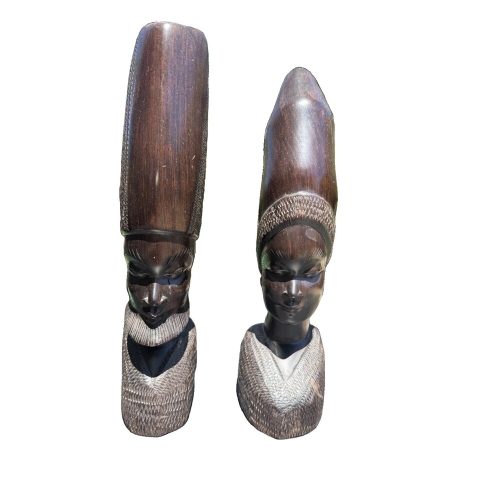 VNTG Makonde Tribe Carved Wooden Tanzania Bust Heads Man&Woman Set 10.5”